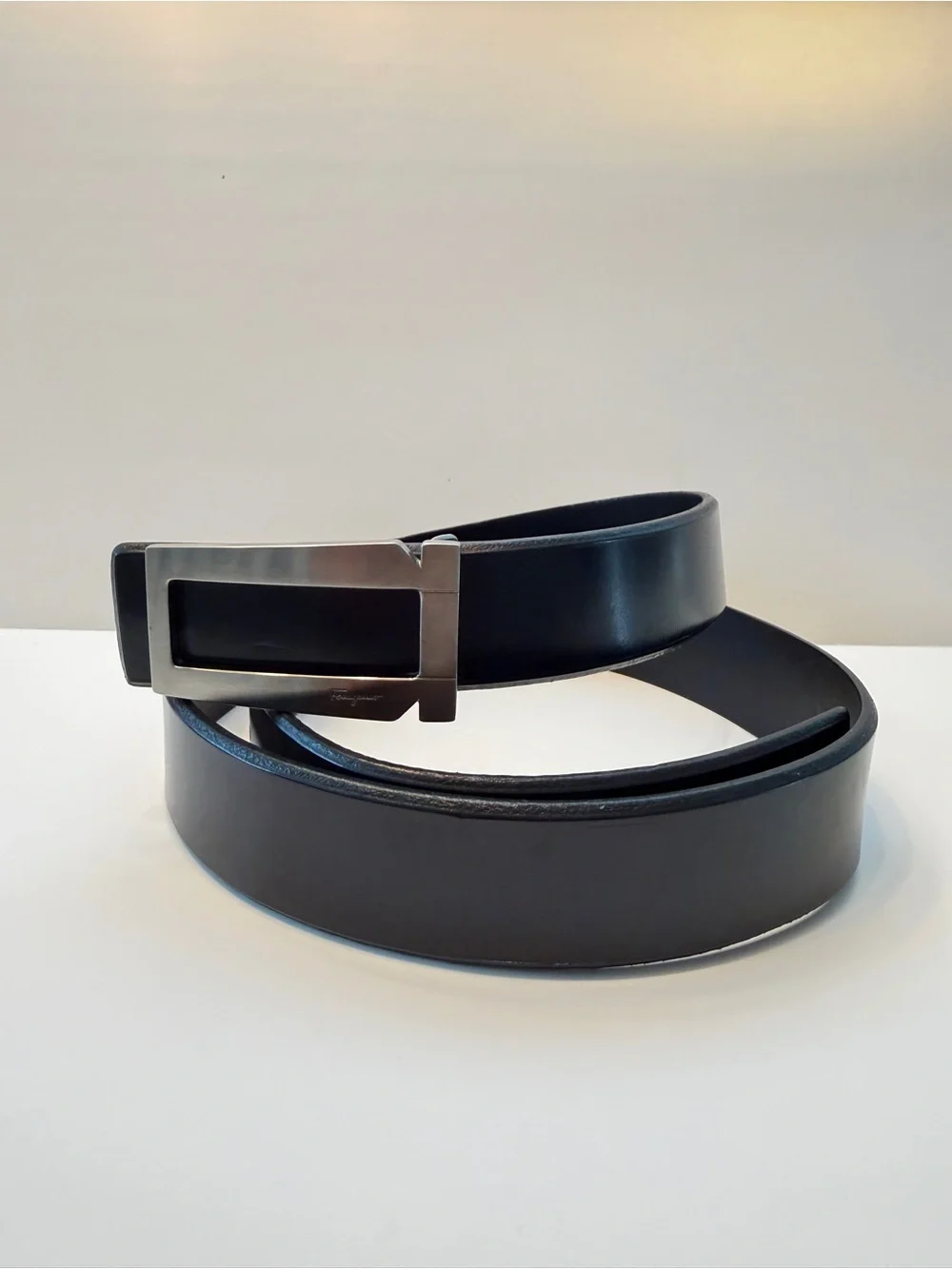 Salvatore Ferragamo Black Leather Belt with Silver Buckle, Size 38